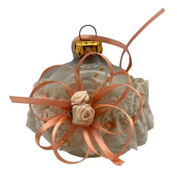 Decorative Ornaments Peach Glam Ribbon Lacy Frosted Ball Heart Roses Clear Glass - Picture 3 of 13